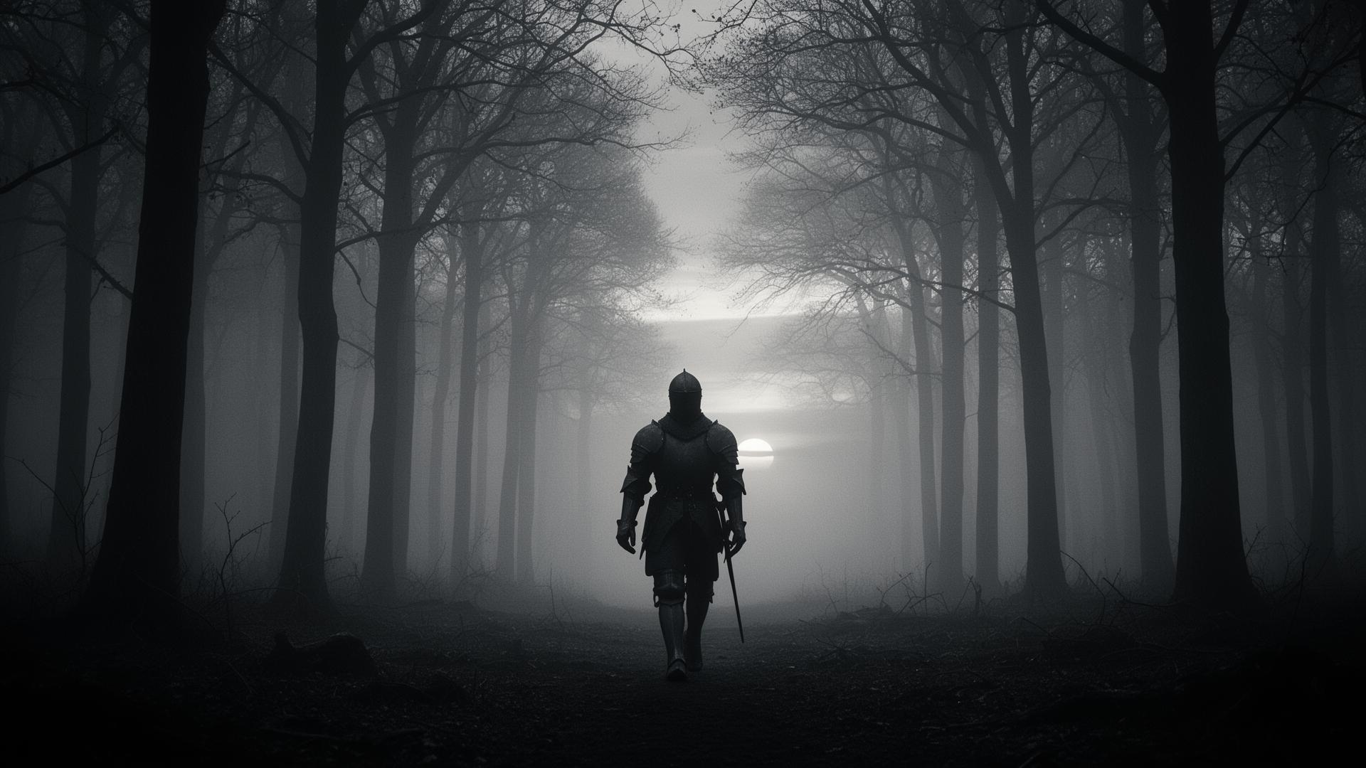 Cavaleiro caminhando na névoa ao amanhecer